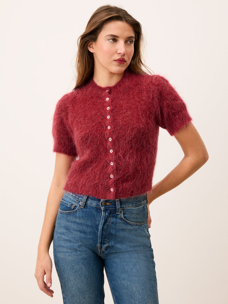 ABELINA red balloon-sleeve cardigan worn on a model by Rouje