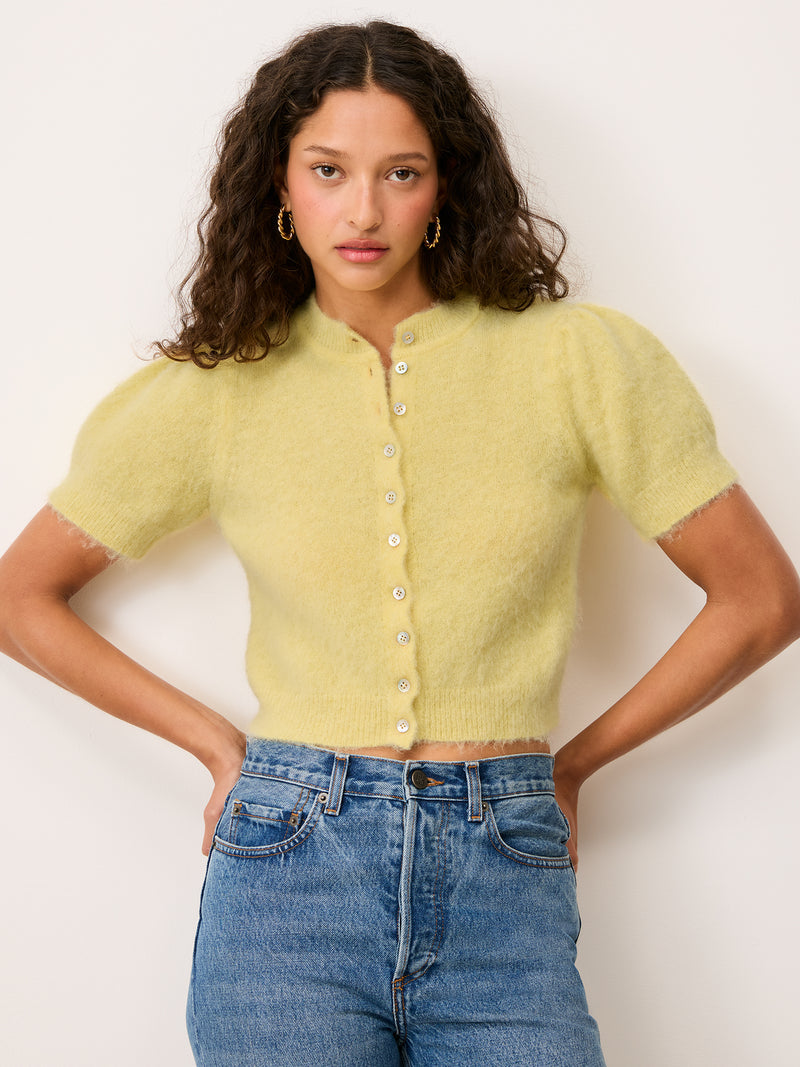 ABELINA lemon yellow balloon-sleeve cardigan worn on a model by Rouje