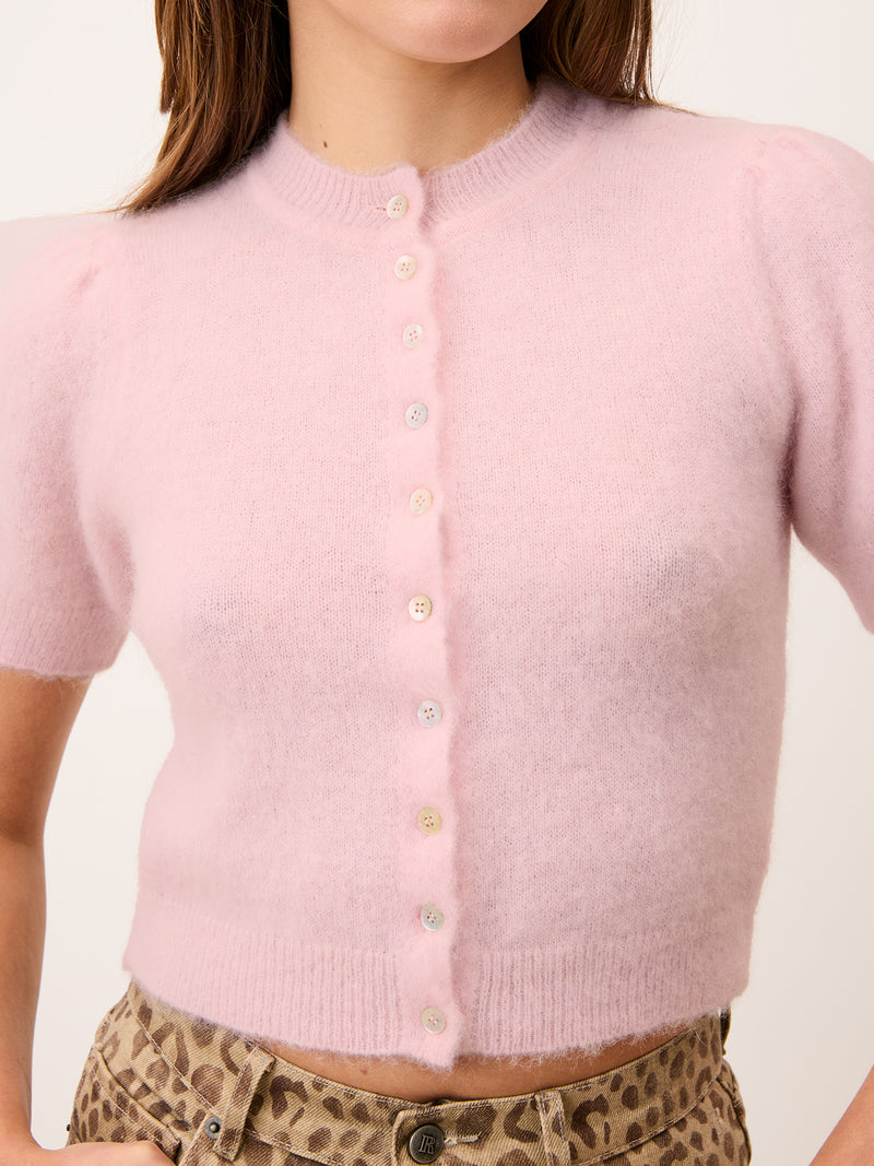 ABELINA pale pink balloon-sleeve cardigan worn on a model by Rouje