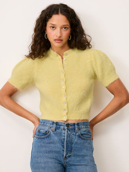 ABELINA lemon yellow balloon-sleeve cardigan worn on a model by Rouje