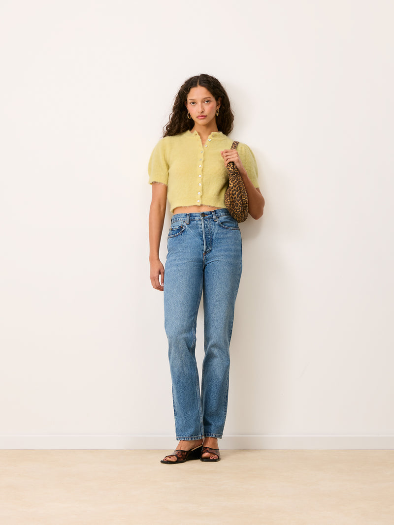 ABELINA lemon yellow balloon-sleeve cardigan, back view by Rouje