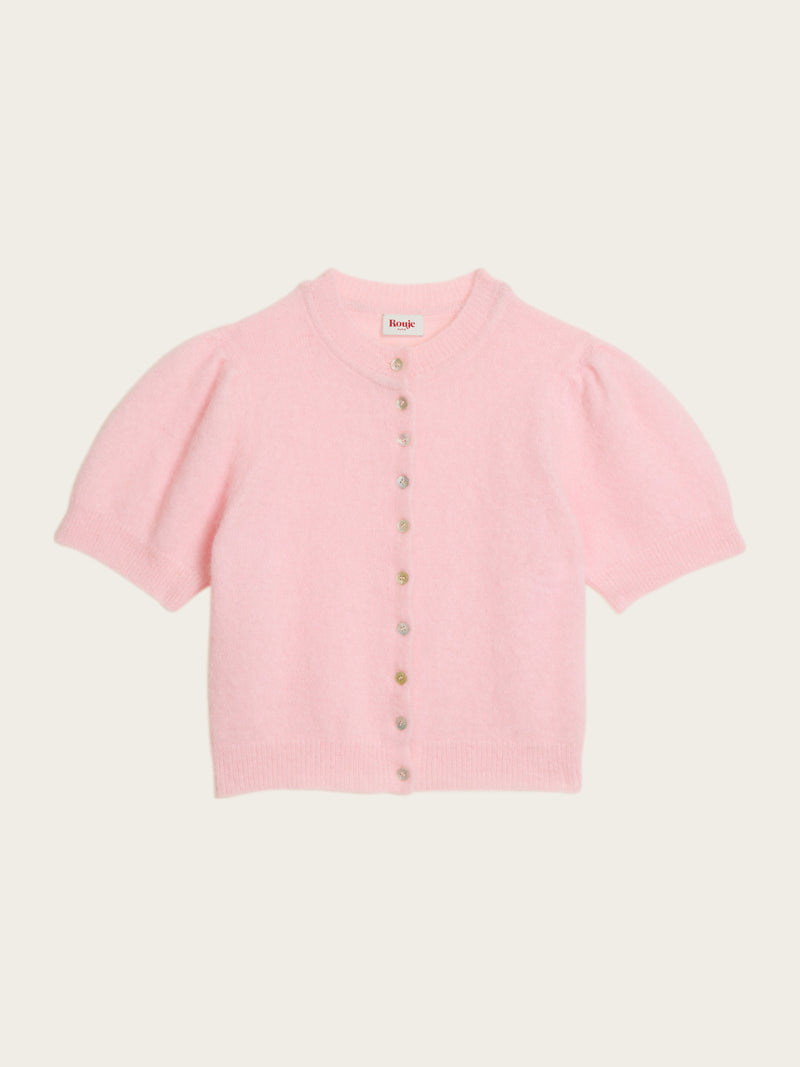 ABELINA pale pink balloon-sleeve cardigan, flat packshot by Rouje