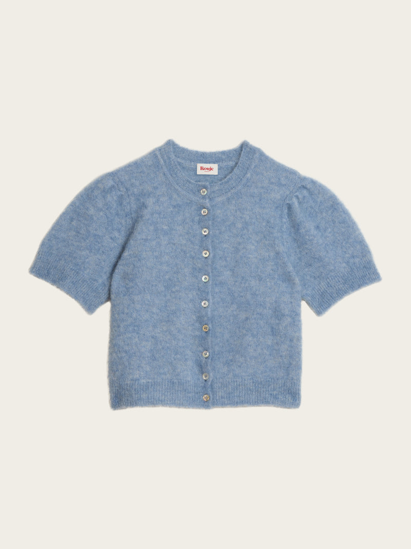 ABELINA blue balloon-sleeve cardigan, flat packshot by Rouje