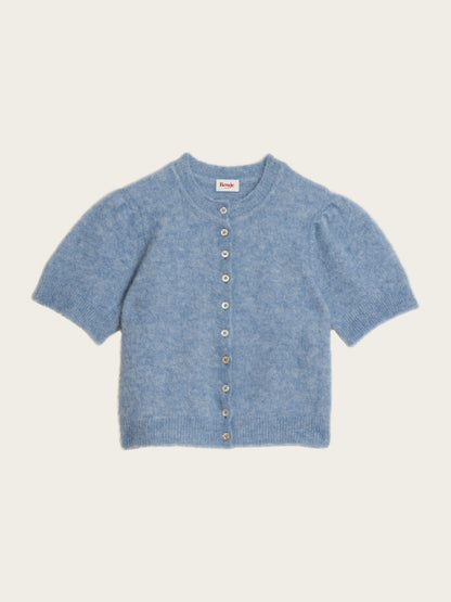 ABELINA blue balloon-sleeve cardigan, flat packshot by Rouje