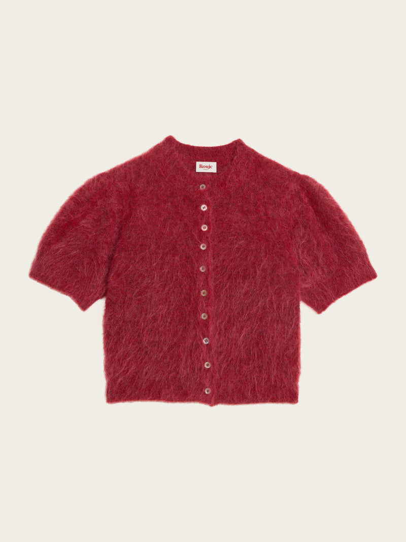 ABELINA red balloon-sleeve cardigan, flat packshot by Rouje