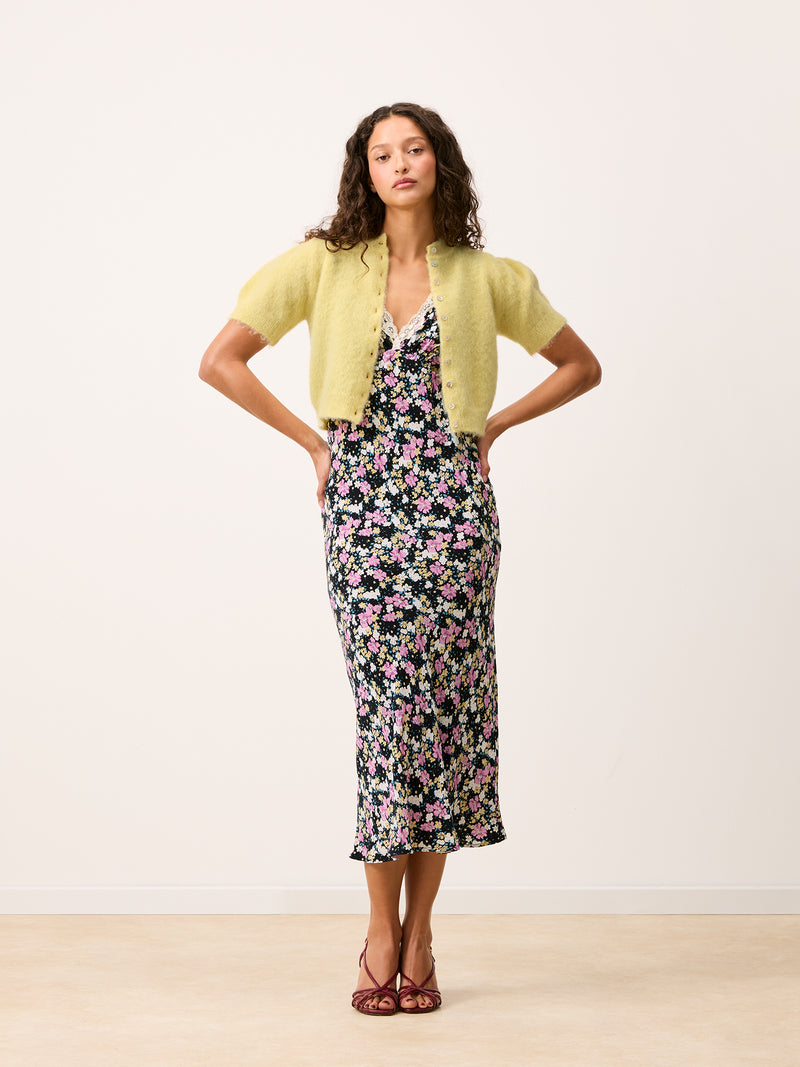ABELINA lemon yellow balloon-sleeve cardigan, flat packshot by Rouje