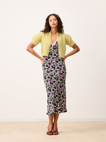 ABELINA lemon yellow balloon-sleeve cardigan, flat packshot by Rouje