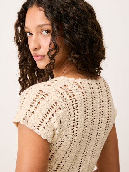 3/4 detail on the Ademir ecru cotton cardigan sleeve worn by a model