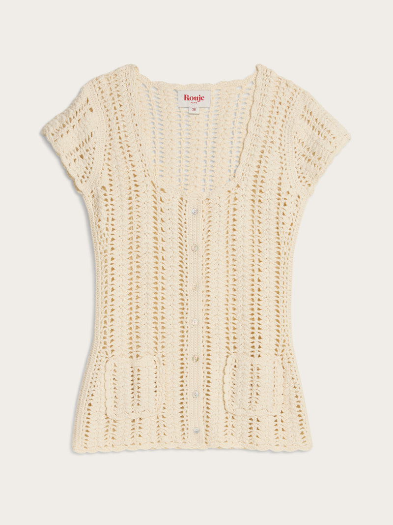Ademir ecru cotton cardigan with openwork design, flat packshot