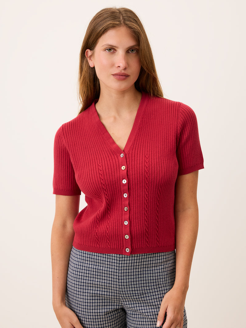 ALBINA poppy red short V-neck cardigan, front view by Rouje