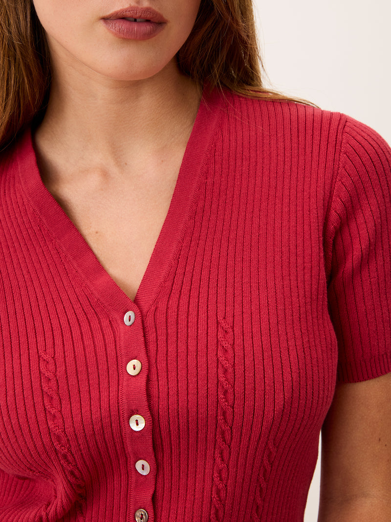 ALBINA poppy red short cardigan, back view by Rouje