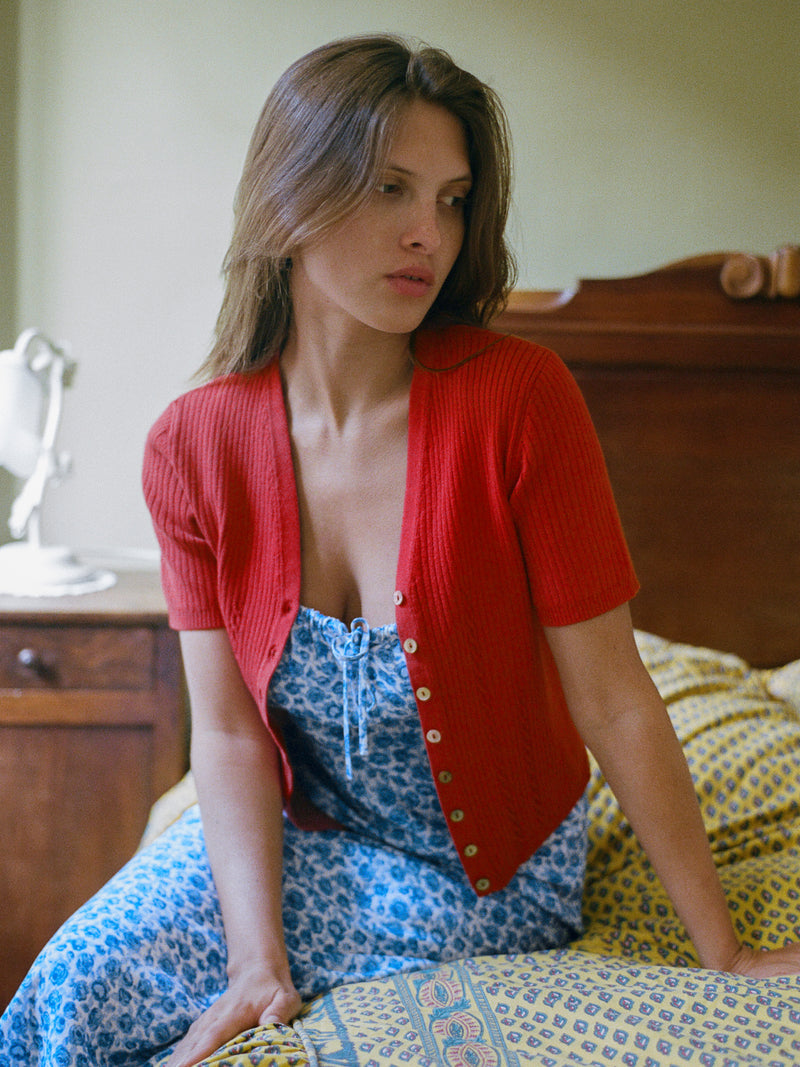 ALBINA poppy red short V-neck cardigan, flat packshot by Rouje
