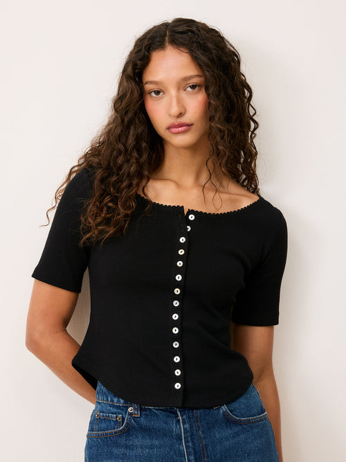 BEATI black cotton cardigan with boat neck, front view by Rouje