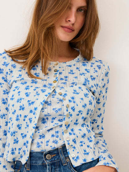 ISHA blue Cite Rose floral pointelle cardigan, front view by Rouje
