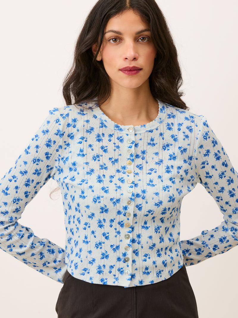 ISHA blue floral pointelle cardigan worn on a model by Rouje