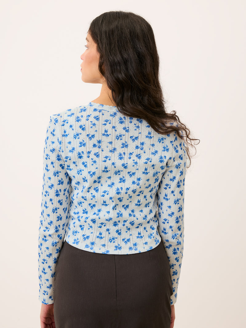 ISHA blue floral pointelle cardigan, back view by Rouje