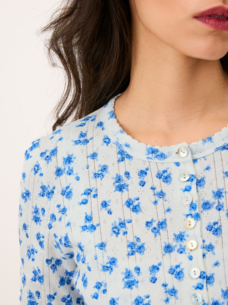 ISHA blue Cite Rose floral pointelle cardigan, side view by Rouje
