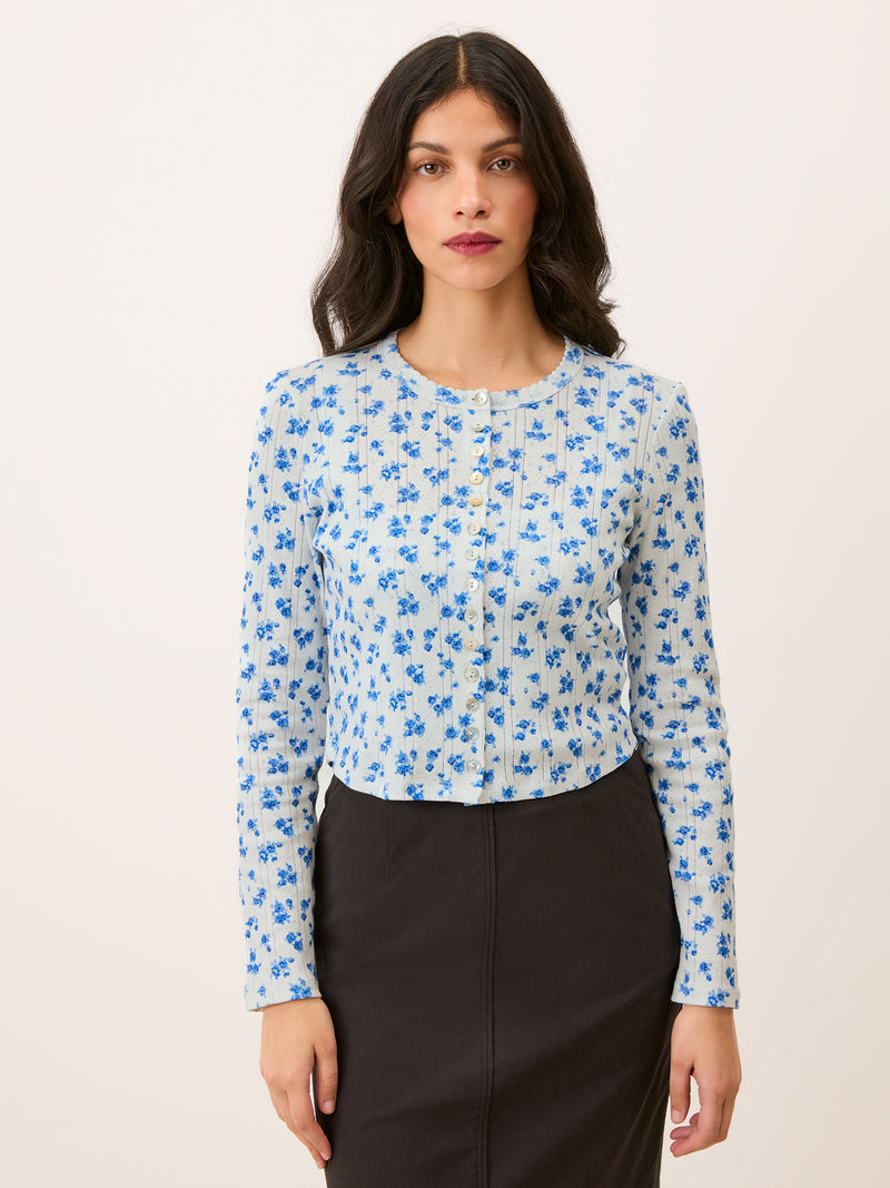 ISHA blue Cite Rose floral pointelle cardigan, lifestyle setting by Rouje