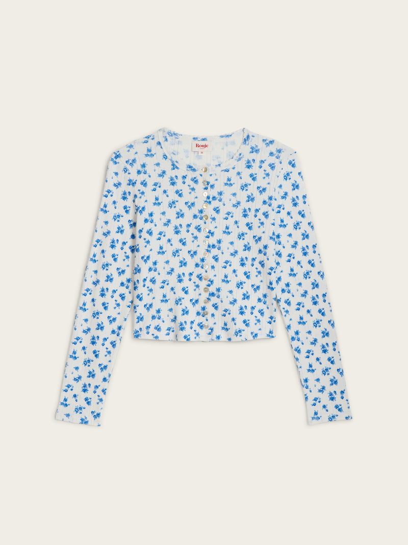 ISHA blue Cite Rose floral pointelle cotton cardigan, final view by Rouje