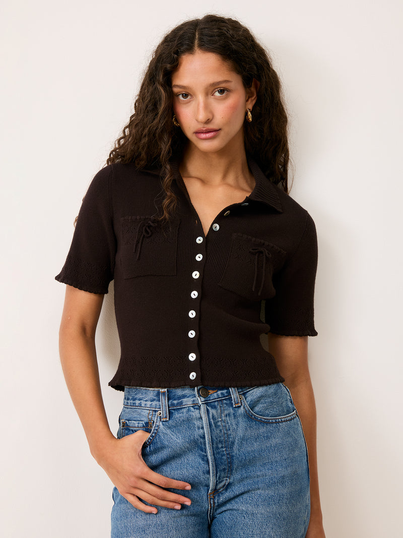 LIVIO brown cropped cardigan with pockets, front view by Rouje