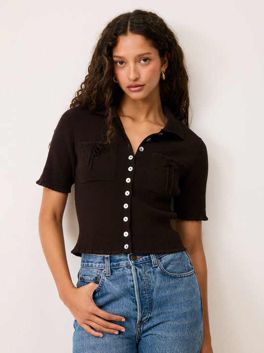 LIVIO brown cropped cardigan with pockets, front view by Rouje