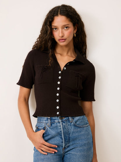 LIVIO brown cropped cardigan with pockets, front view by Rouje