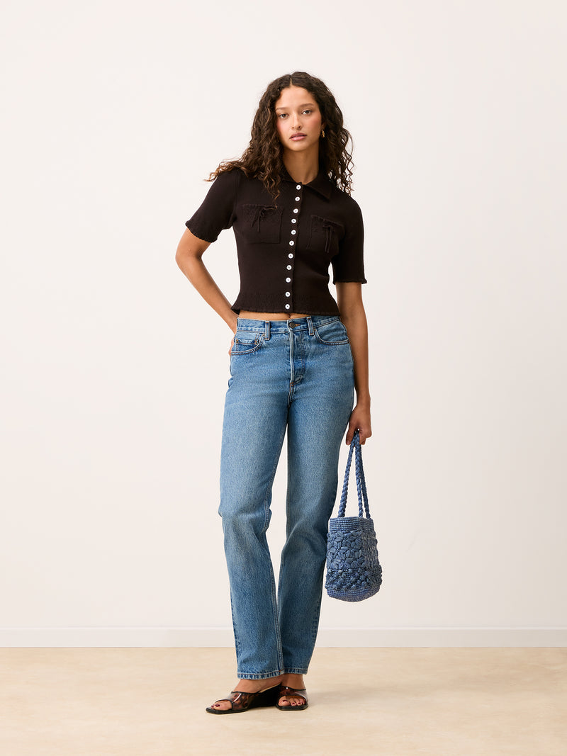 LIVIO brown cropped cardigan worn on a model by Rouje