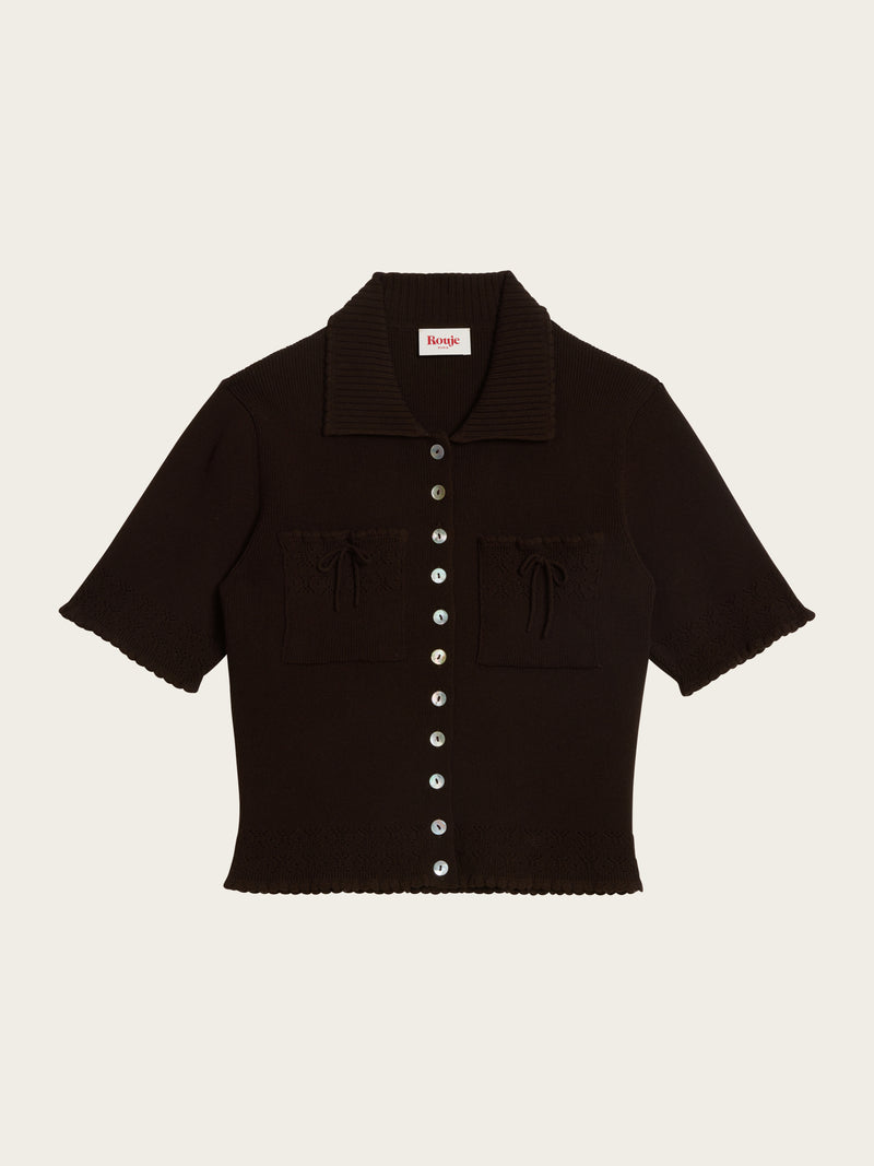 LIVIO brown cropped cardigan, flat packshot by Rouje