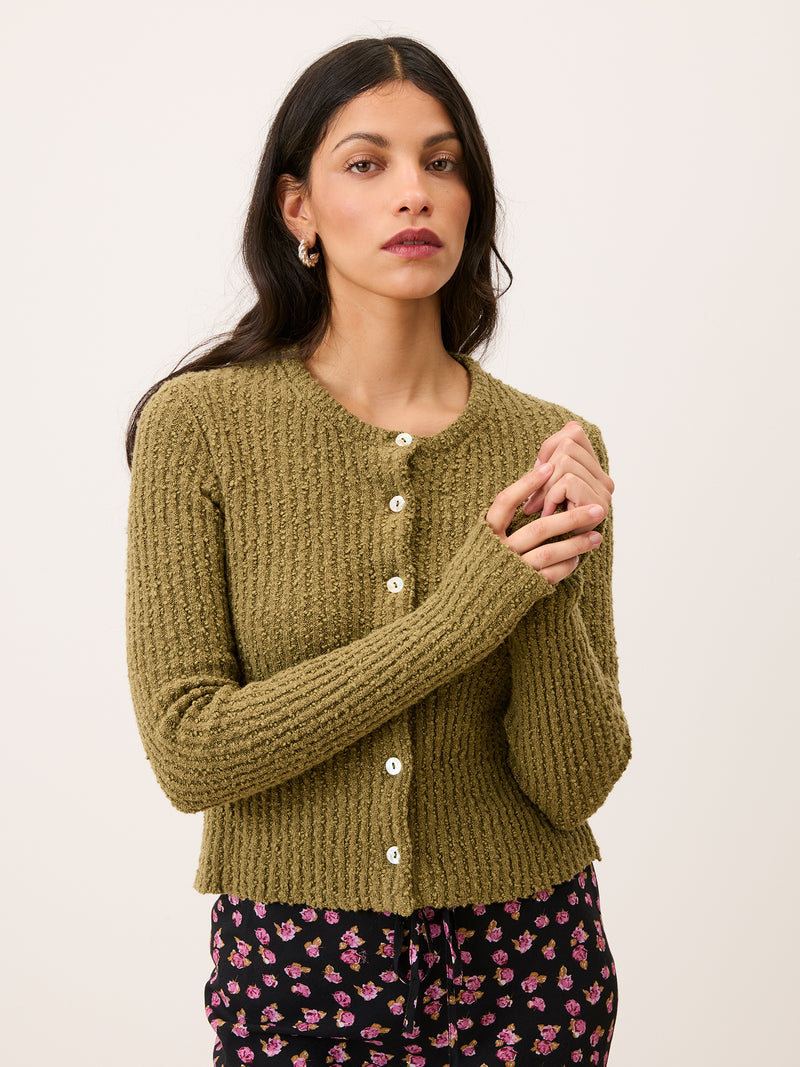 LOICA almond green short textured ribbed cardigan, front view by Rouje