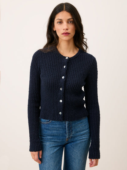 LOICA navy blue short textured ribbed cardigan, front view by Rouje