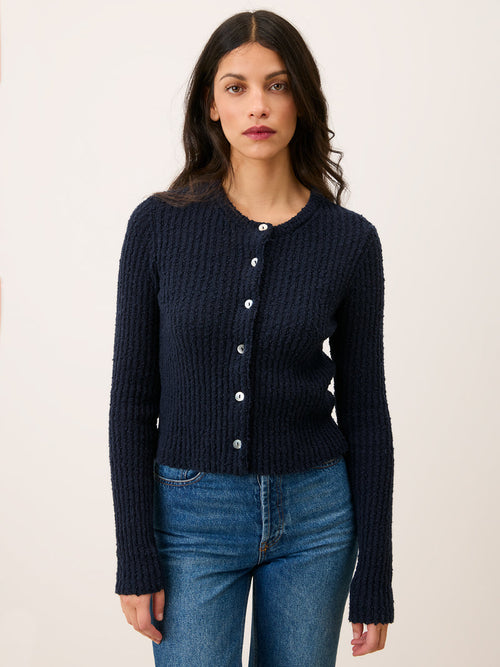 LOICA navy blue short textured ribbed cardigan, front view by Rouje