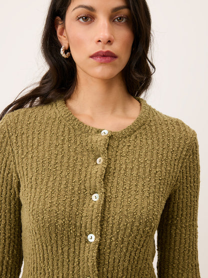 LOICA almond green ribbed cardigan worn on a model by Rouje