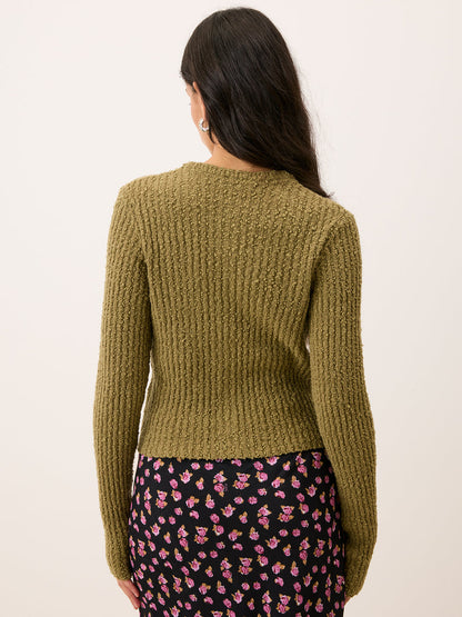 LOICA almond green short cardigan, back view by Rouje