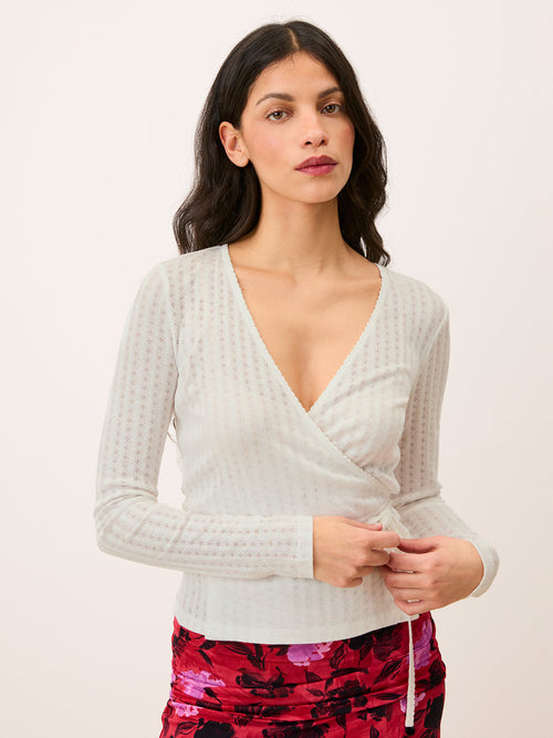 MAELYS white pointelle wrap-over cardigan, front view by Rouje