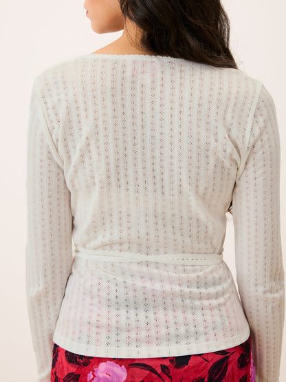 MAELYS white pointelle wrap-over cardigan, back view by Rouje