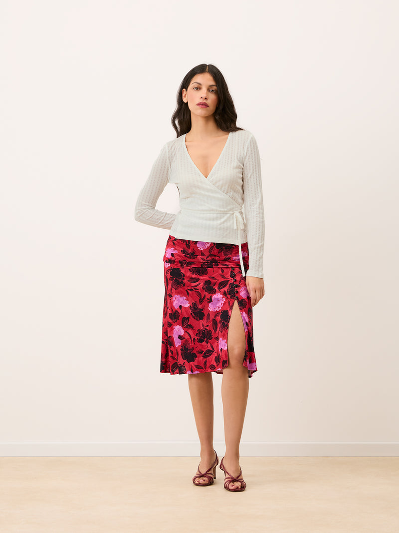 MAELYS white pointelle wrap-over cardigan, detail of drawstring by Rouje