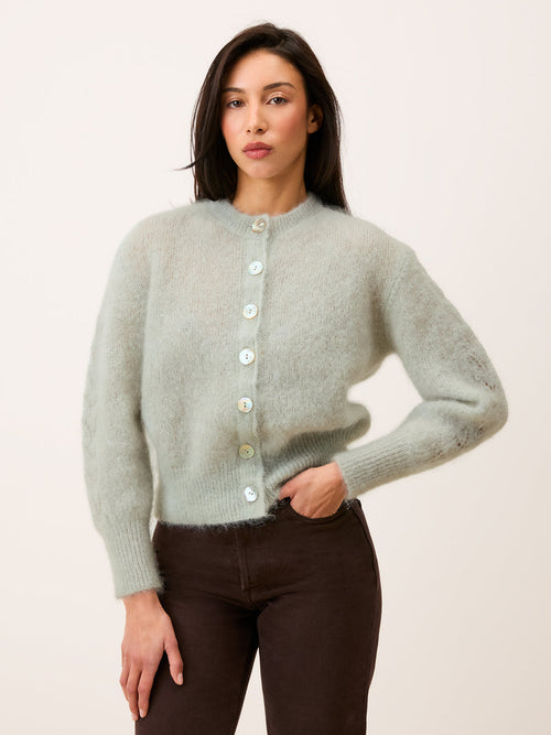 Front view of the Maina cardigan in mint color