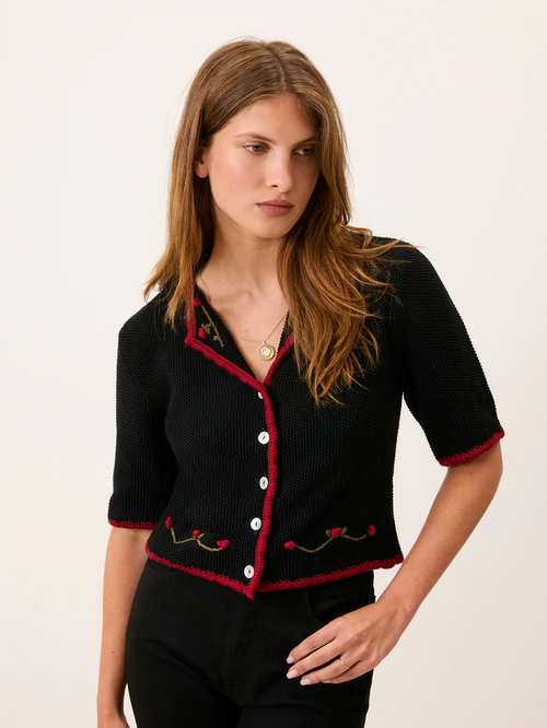 MEREDITH black embroidered mercerized cotton cardigan, front view by Rouje