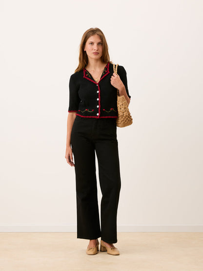 MEREDITH black cardigan, detail of red rose embroidery by Rouje