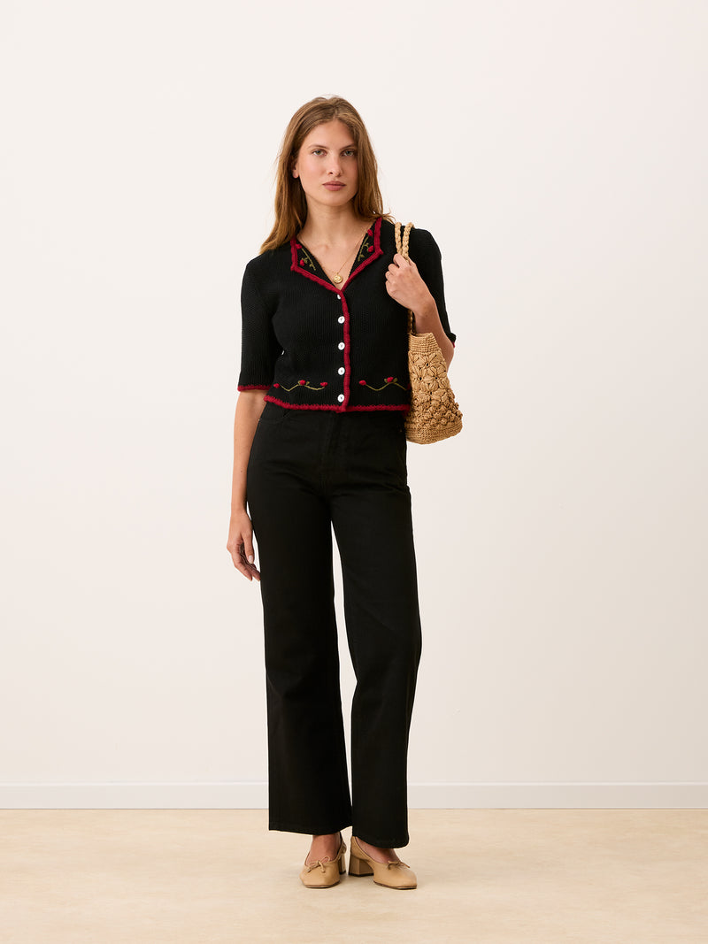 MEREDITH black cardigan, detail of red rose embroidery by Rouje