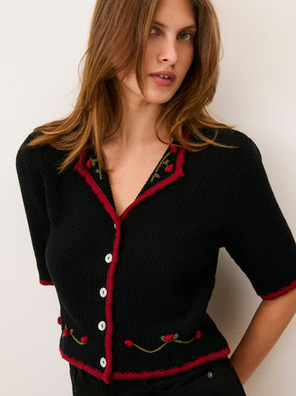 MEREDITH black embroidered mercerized cotton cardigan, lifestyle setting by Rouje