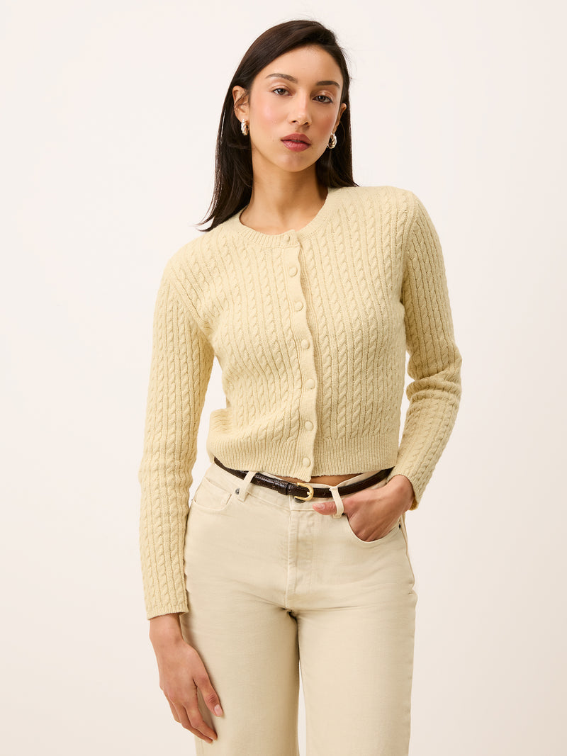 NACIM vanilla cable-knit cropped cardigan, front view by Rouje
