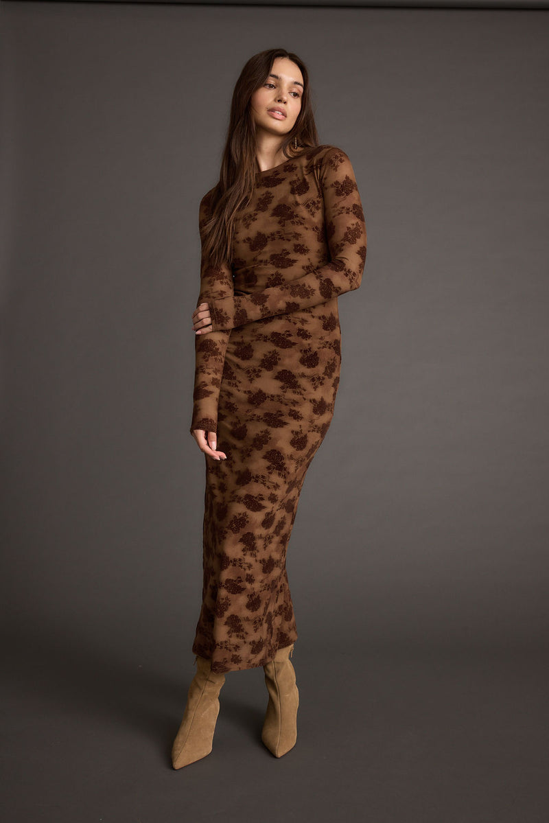 Brown maxi dress with elegant accents, a brown satin dress essential.