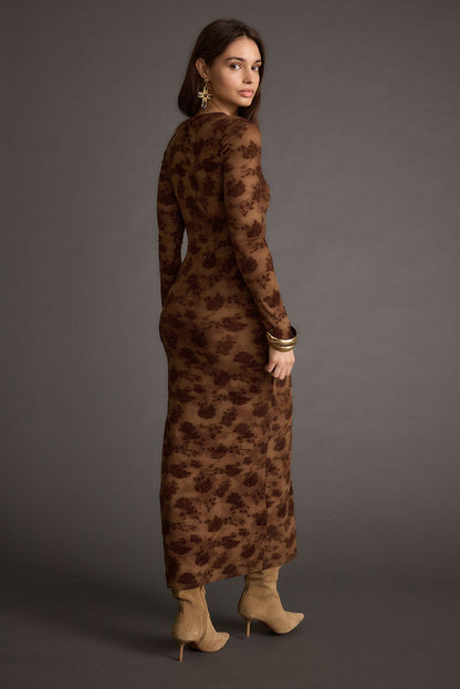 Back view of the brown maxi dress showing the silhouette and fit.