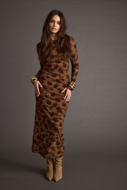 Casanova Brown Floral Maxi Dress styled in a complete look from an alternate angle.