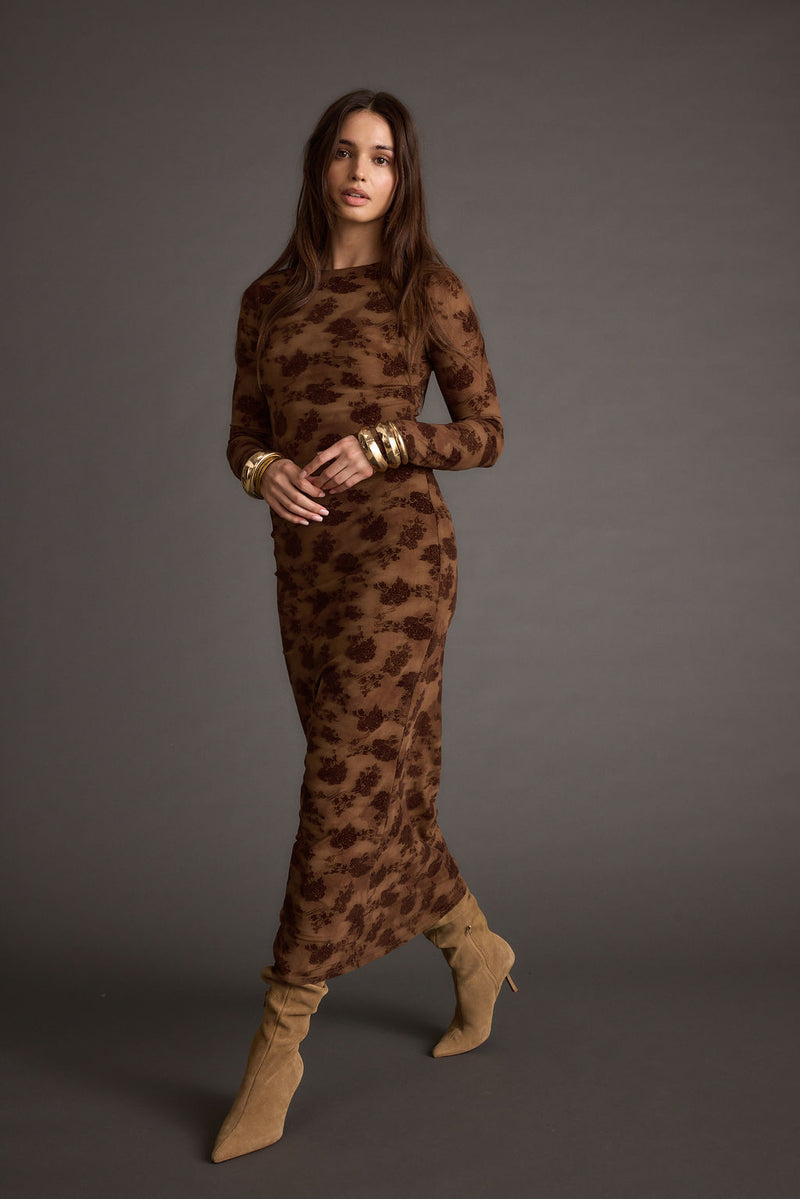 Detail shot of the Casanova Brown Floral Maxi Dress highlighting the design elements.