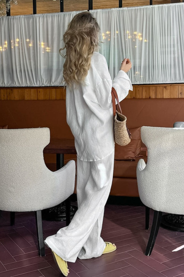 Casual Linen Shirt Straight Pants Two Piece Set