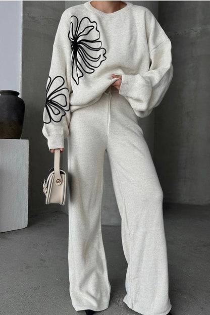 Casual Round Neck Knit Sweater with Pants Two Piece Set