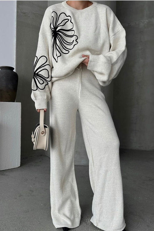 Casual Round Neck Knit Sweater with Pants Two Piece Set