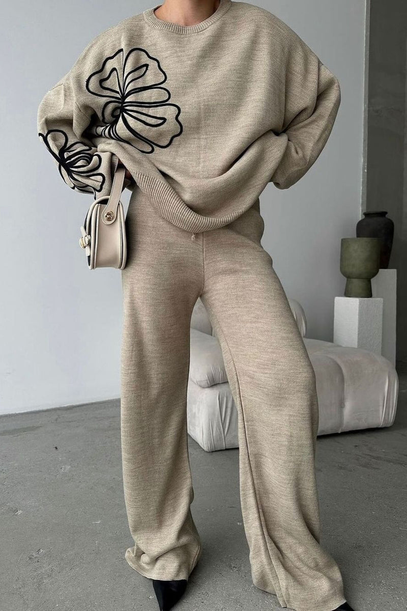 Casual Round Neck Knit Sweater with Pants Two Piece Set